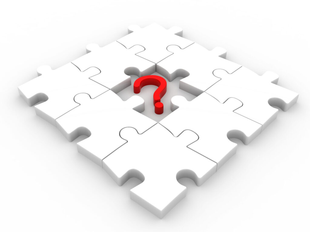 A 3D illustration of white puzzle pieces arranged in a square, with a red question mark at the center where a puzzle piece is missing. The image represents the concept of a missing piece or unanswered question.