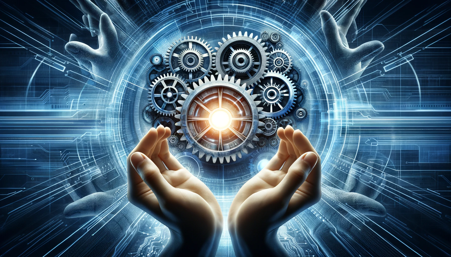 human hands holding cogwheels together, set against an abstract technological background. The design emphasizes teamwork and business innovation, with a central glow symbolizing synergy and cooperation