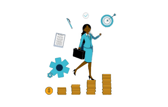 drawing of career woman increasing money steps